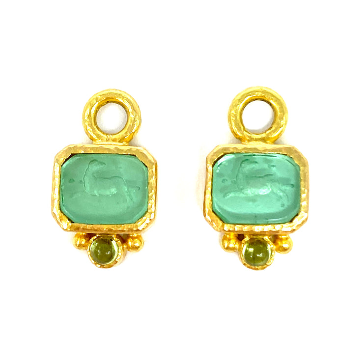 19K Elizabeth Locke Lime Venetian Glass Intaglio “Chimera” Earring Charms With Cabochon Peridot