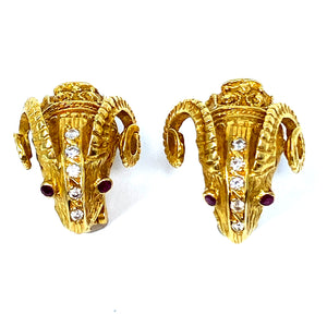 18K Greek Diamond And Ruby Ram Earrings