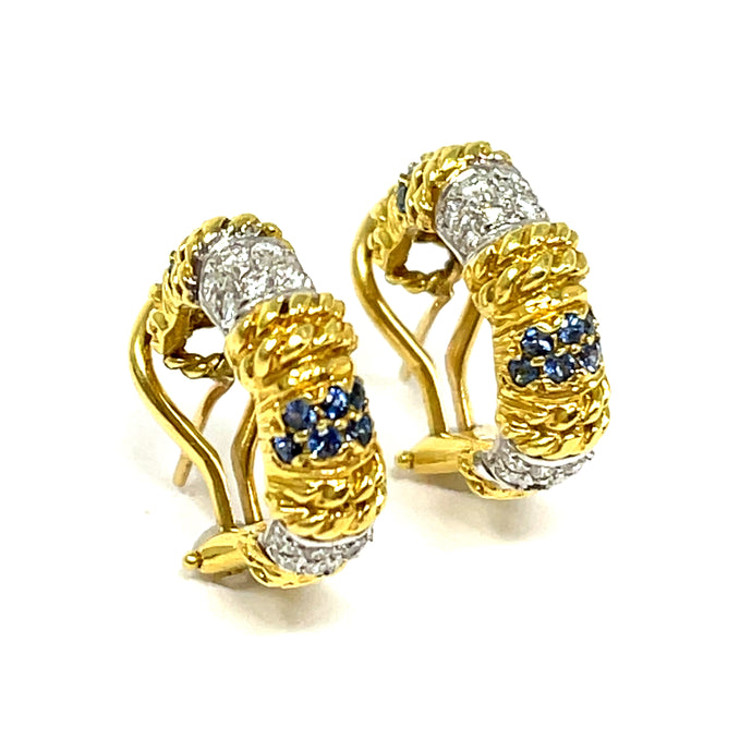 18K Sapphire And Diamond Hoop Earrings