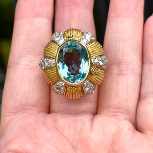 18K Vintage Aquamarine And Diamond Ring