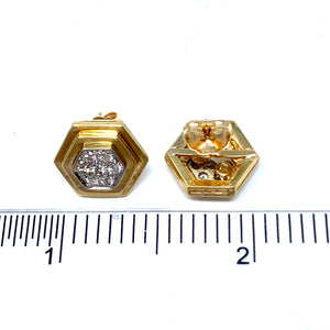 18K Italian Gold Diamond Octagon Stud Earrings