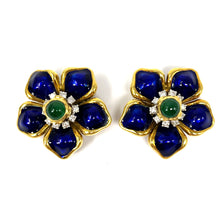 Load image into Gallery viewer, 18K Diamond, Emerald, Blue Enamel Earrings