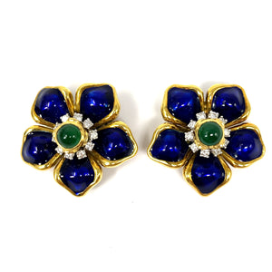 18K Diamond, Emerald, Blue Enamel Earrings