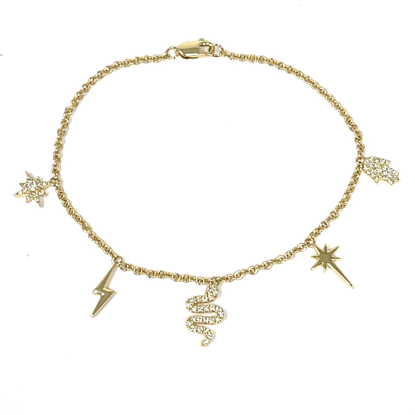 14K Diamond Snake, Hamsa, And Star Charm Bracelet