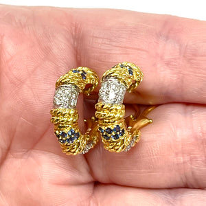 18K Sapphire And Diamond Hoop Earrings