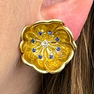 18K Sapphire And Diamond Flower Earrings