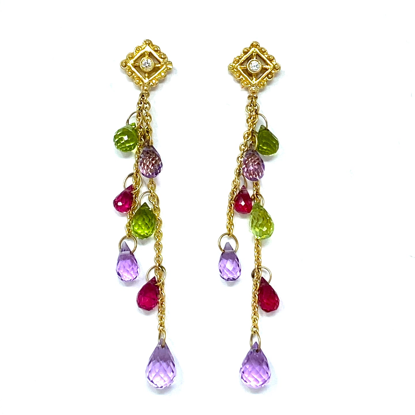 18K Multi Gemstone Diamond Dangle Earrings