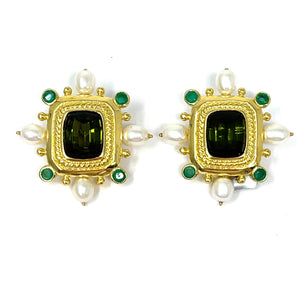 18K Tourmaline, Pearl And Chalcedony Earrings