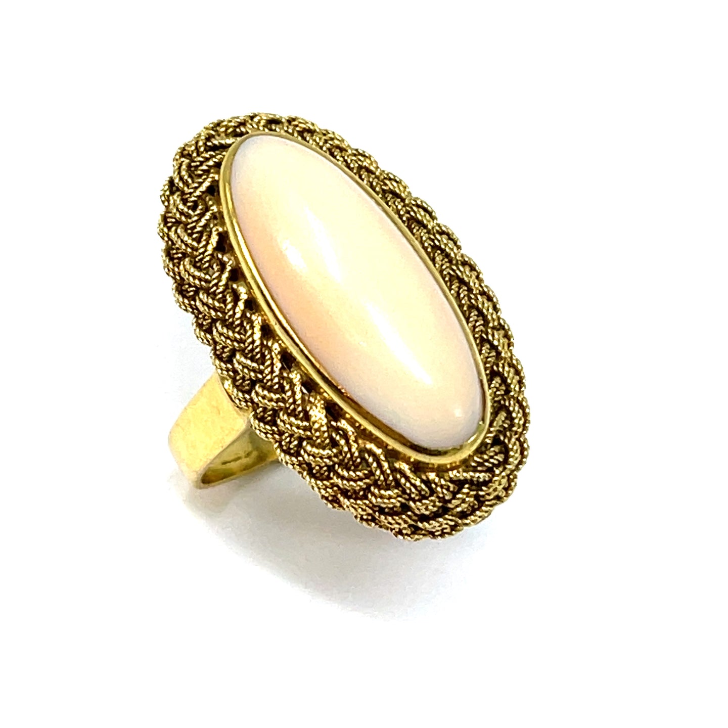 18K Angel Skin Coral Ring With Woven Bezel