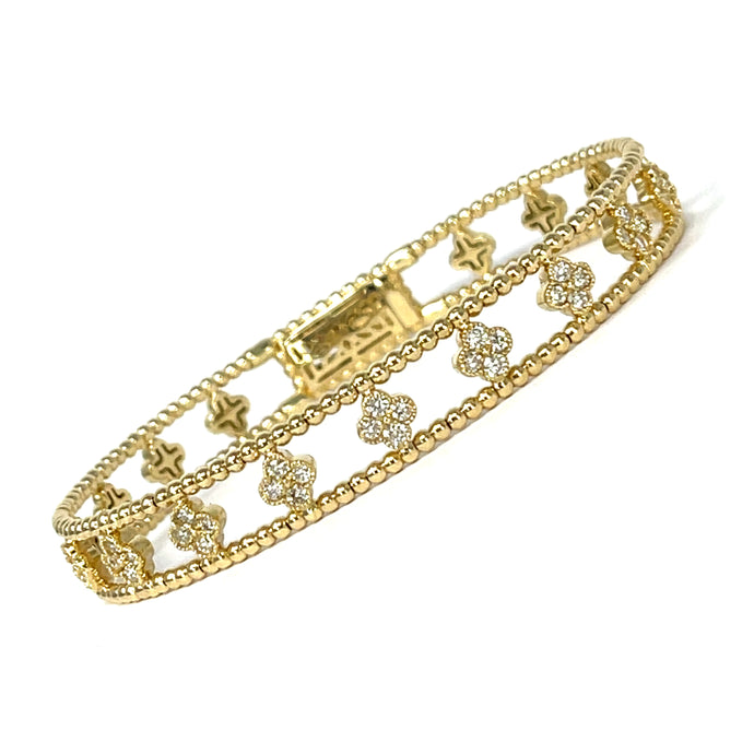 14k Large Beaded Diamond Clover Bangle