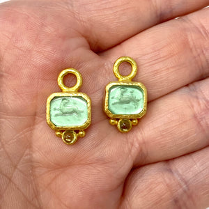 19K Elizabeth Locke Lime Venetian Glass Intaglio “Chimera” Earring Charms With Cabochon Peridot