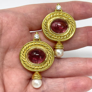 18K Pink Tourmaline, Diamond And Pearl Earrings