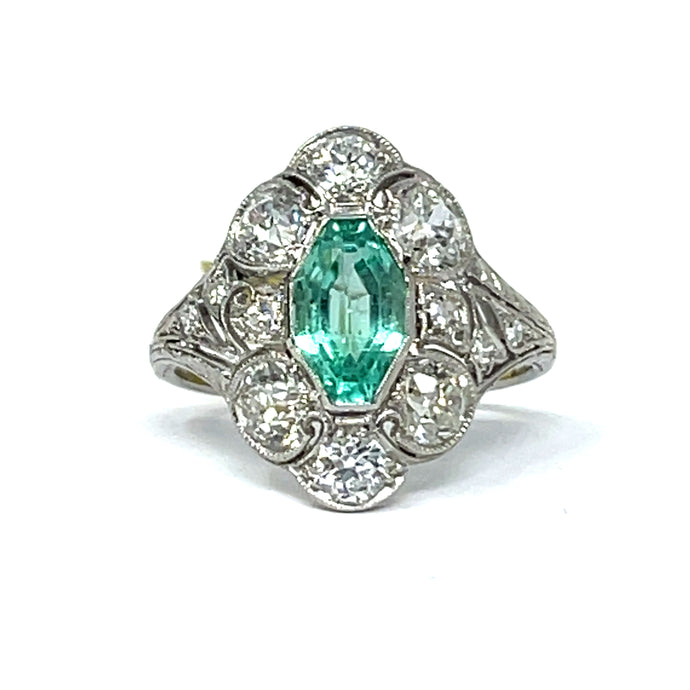 Platinum Art Deco Emerald And Diamond Ring