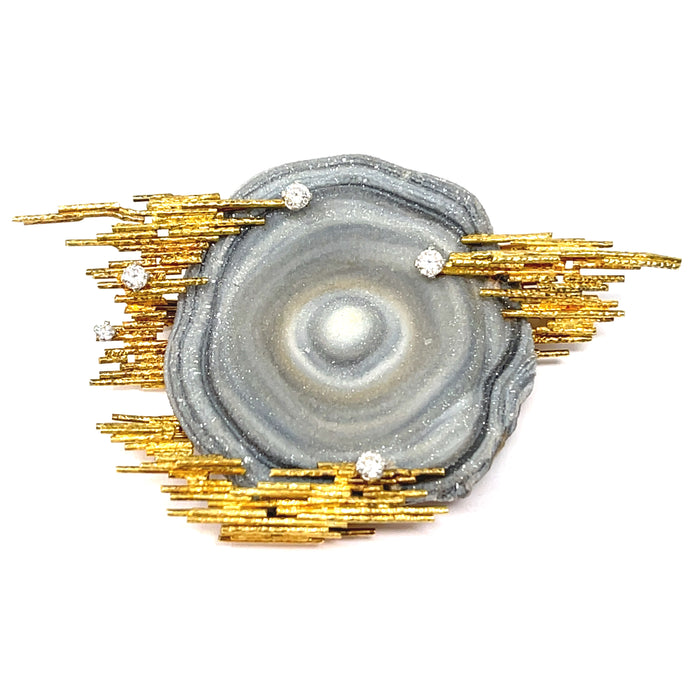 18K Andrew Grima Diamond And Druzy Agate Brooch