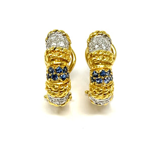 18K Sapphire And Diamond Hoop Earrings