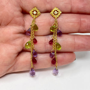 18K Multi Gemstone Diamond Dangle Earrings