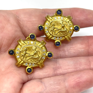 18K Gold Doris Panos Cameo Clip-On Earrings Featuring Sapphire Cabochons