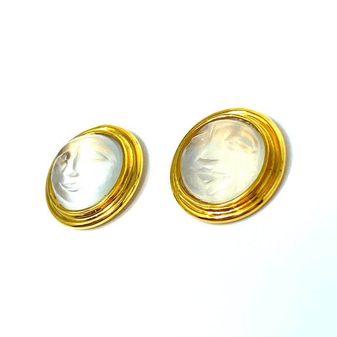 14K Man In The Moon Carved Moonstone Stud Earrings