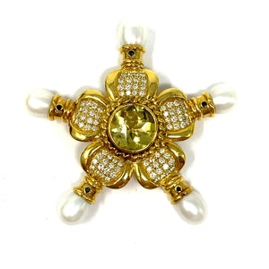 18K Citrine, Diamond, Pearl Brooch