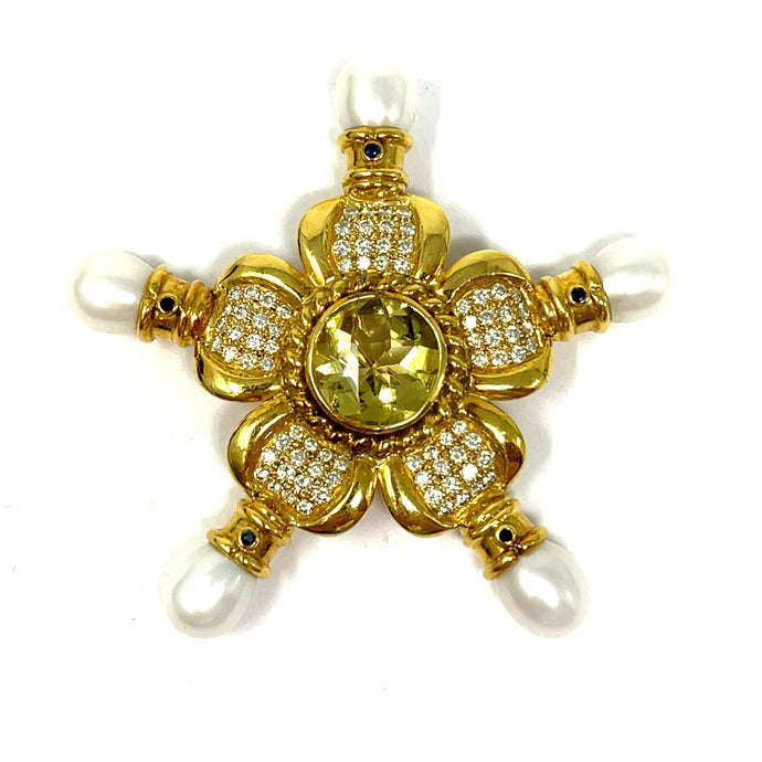 18K Citrine, Diamond, Pearl Brooch