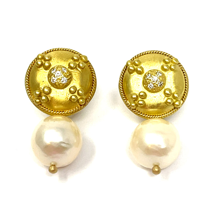 18K Diamond Beaded Doris Panos Pearl Drop Earrings