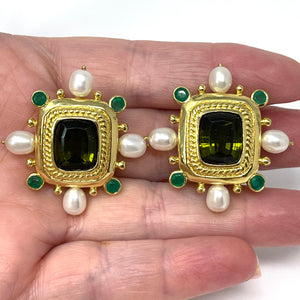 18K Tourmaline, Pearl And Chalcedony Earrings