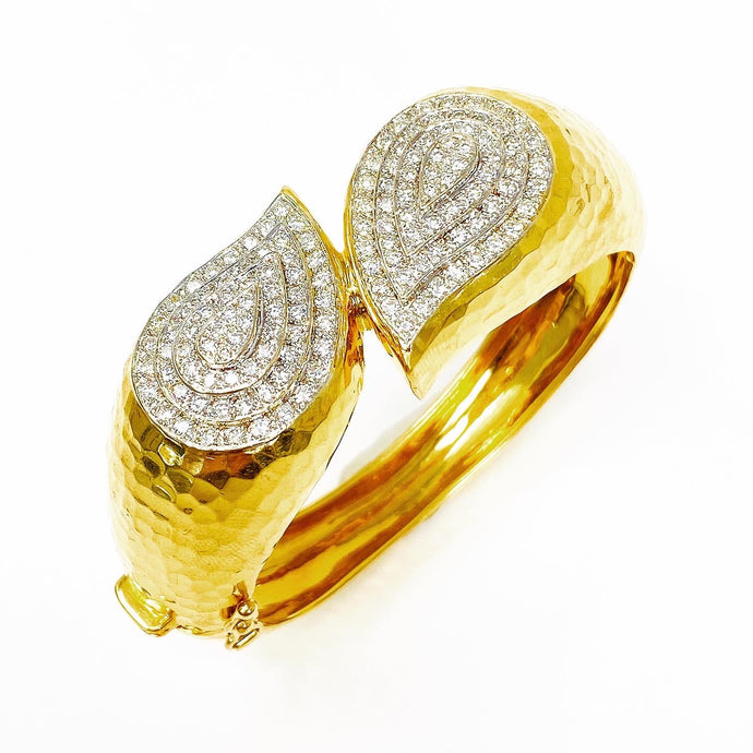 18K Hammered Diamond Designer Signed Bangle Bracelet