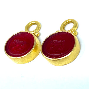 19K Elizabeth Locke Crimson Venetian Glass Intaglio “Stalking Lion” Earring Charms