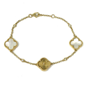 14K Mother Of Pearl And Diamond Clover Bracelet