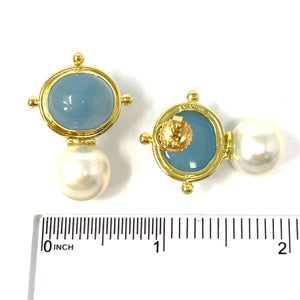 14K Cabochon Chalcedony And Pearl Drop Earrings