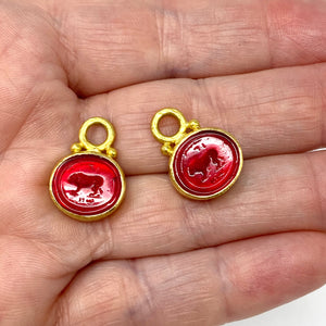 19K Elizabeth Locke Crimson Venetian Glass Intaglio “Stalking Lion” Earring Charms