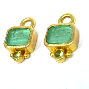 19K Elizabeth Locke Lime Venetian Glass Intaglio “Chimera” Earring Charms With Cabochon Peridot