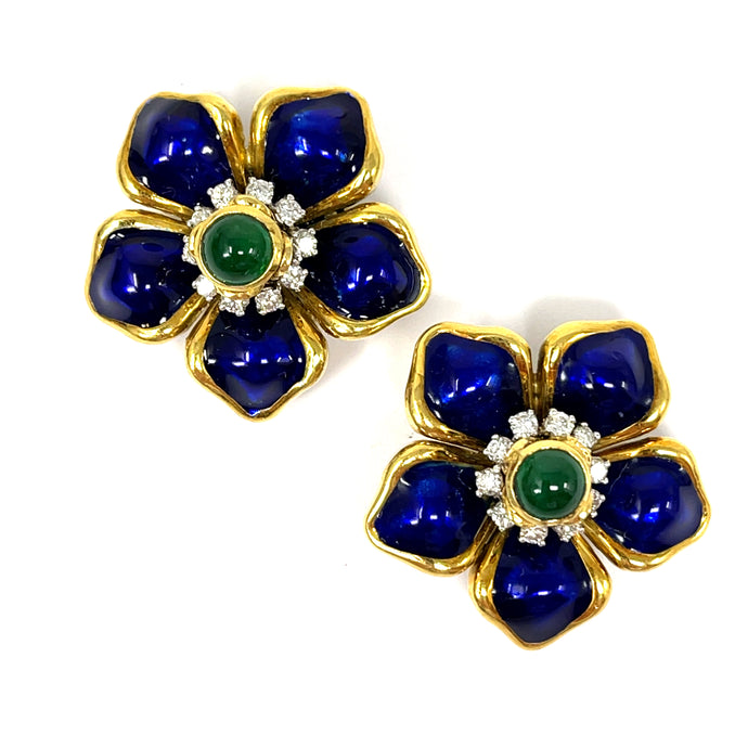 18K Diamond, Emerald, Blue Enamel Earrings