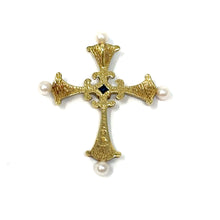 Load image into Gallery viewer, 14K Pearl, Diamond, Sapphire And Enamel Cross