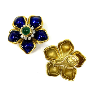 18K Diamond, Emerald, Blue Enamel Earrings