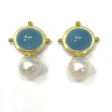 Load image into Gallery viewer, 14K Cabochon Chalcedony And Pearl Drop Earrings