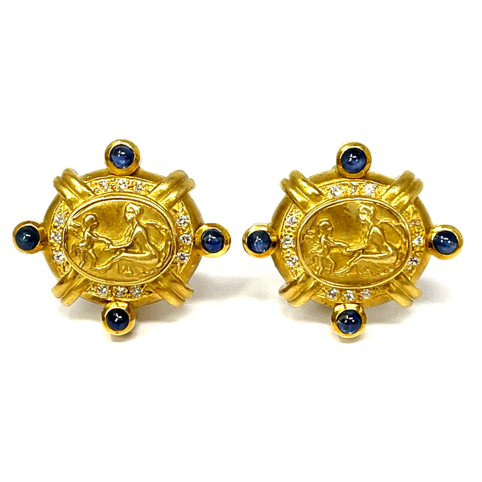 18K Gold Doris Panos Cameo Clip-On Earrings Featuring Sapphire Cabochons