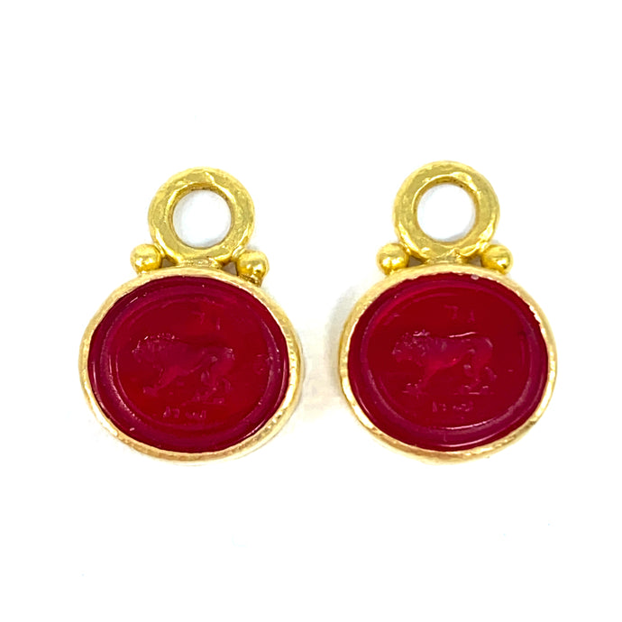 19K Elizabeth Locke Crimson Venetian Glass Intaglio “Stalking Lion” Earring Charms