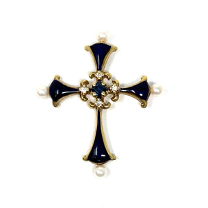 14K Pearl, Diamond, Sapphire And Enamel Cross