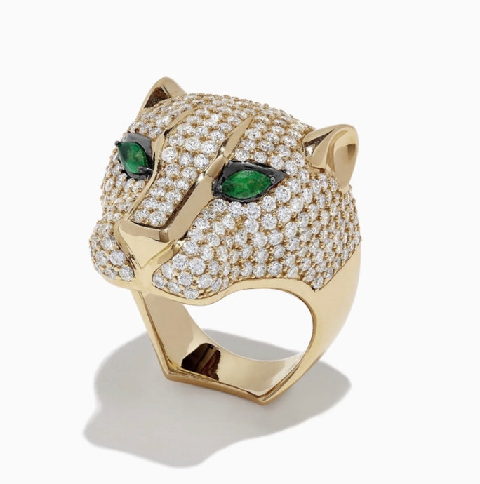 14K Effy Diamond Panther Ring With Emerald Eyes