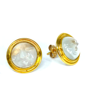 14K Man In The Moon Carved Moonstone Stud Earrings