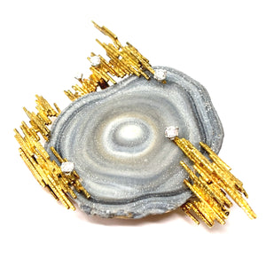 18K Andrew Grima Diamond And Druzy Agate Brooch