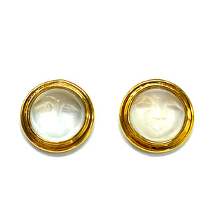 14K Man In The Moon Carved Moonstone Stud Earrings