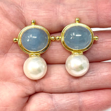 Load image into Gallery viewer, 14K Cabochon Chalcedony And Pearl Drop Earrings