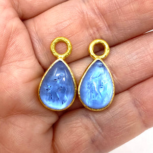 19K Elizabeth Locke Cerulean Venetian Glass Intaglio Earring Charms