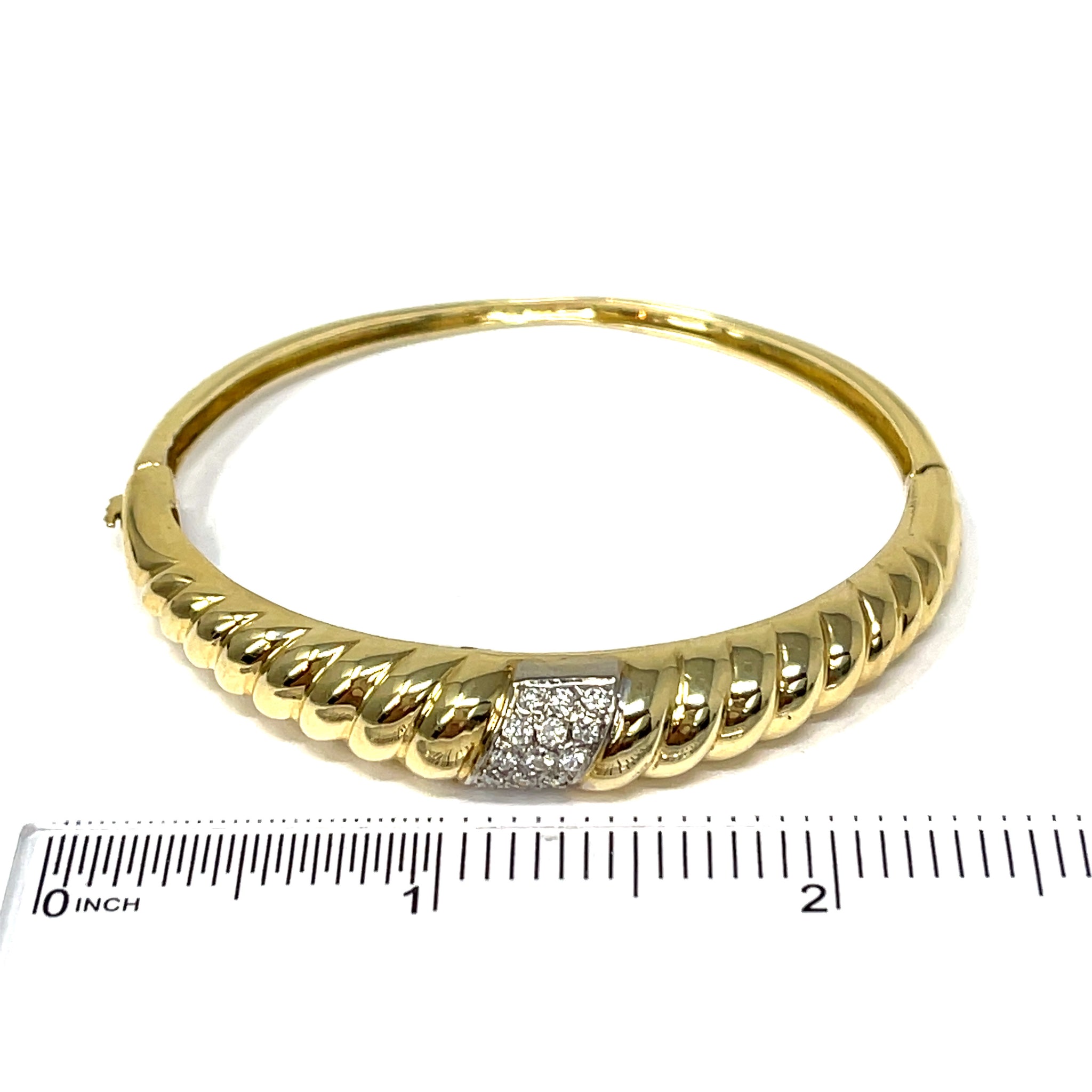 Ribbed Yellow Gold and Diamond Bangle Bracelet