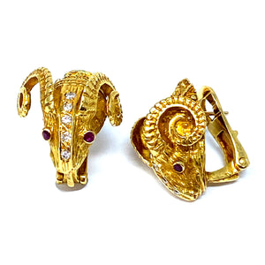 18K Greek Diamond And Ruby Ram Earrings