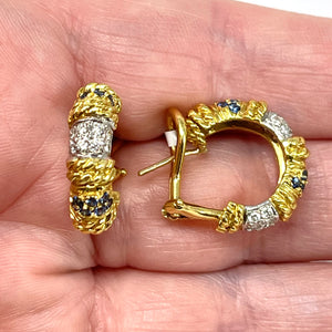 18K Sapphire And Diamond Hoop Earrings