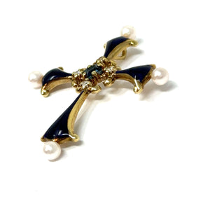 14K Pearl, Diamond, Sapphire And Enamel Cross