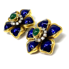 Load image into Gallery viewer, 18K Diamond, Emerald, Blue Enamel Earrings